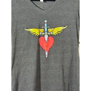 Bon Jovi Graphic T-Shirt Charcoal Grey V-Neck Winged Dagger Heart Est 1983 New
